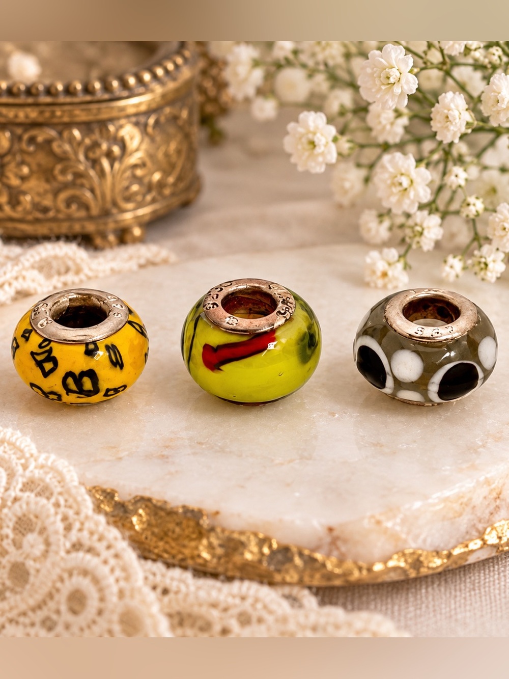 Vintage 925 Glass Charm Bead Trio